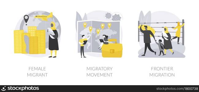 Human migration abstract concept vector illustration set. Female migrant, migratory movement, frontier migration services, international marriage, passport and documents, crisis abstract metaphor.. Human migration abstract concept vector illustrations.