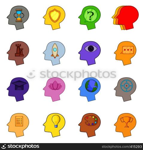 Human mind head icons set. Cartoon illustration of 16 human mind head vector icons for web. Human mind head icons set, cartoon style