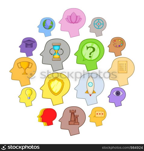 Human mind head icons set. Cartoon illustration of 16 human mind head vector icons for web. Human mind head icons set, cartoon style