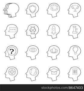 Human mind head set icons in outline style isolated on white background. Human mind head icon set outline