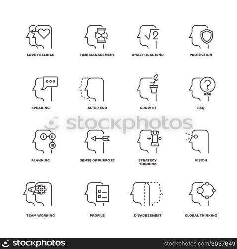 Human mind process, brain features line vector icons set. Human mind process, brain features line vector icons set. Brain human and process of psychology brain illustration