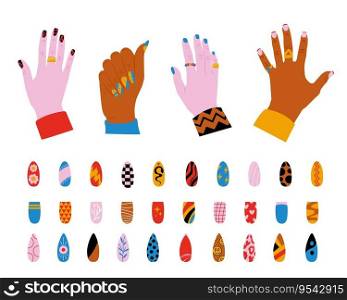 Human nails set. Fashion manicure icons colorful cartoon style, shiny fingernail polish and spa beauty concept. Vector isolated set. Glamour and elegant design for fingernails, female hands. Human nails set. Fashion manicure icons colorful cartoon style, shiny fingernail polish and spa beauty concept. Vector isolated set
