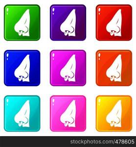 Human nose with piercing icons of 9 color set isolated vector illustration. Human nose with piercing set 9