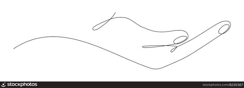 Human open hand continuous line art drawing. Vector isolated on white.. Human open hand continuous line art drawing.
