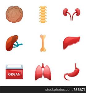 Human organ transplant icon set. Cartoon set of 9 human organ transplant vector icons for web design isolated on white background. Human organ transplant icon set, cartoon style