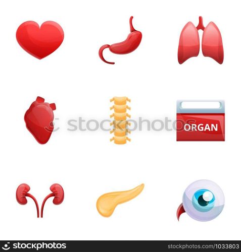Human organs donation icon set. Cartoon set of 9 human organs donation vector icons for web design isolated on white background. Human organs donation icon set, cartoon style
