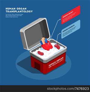 Human organs isometric composition with donor heart and kidneys in medical container 3d vector illustration