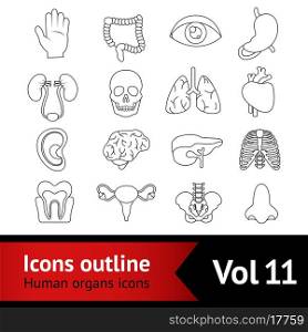 Human organs outline set of tooth brain lungs isolated vector illustration