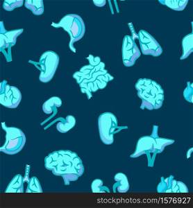 Human organs seamless blue pattern. Turquoise lungs with heart muscle digestive system small intestine and stomach left right kidney pancreas with blood aorta medical biology vector reference.. Human organs seamless blue pattern. Turquoise lungs with heart muscle digestive system.