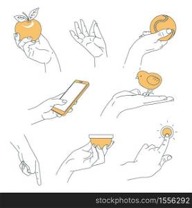 Human palm holding objects hand outline isolated vector body part apple tennis ball and smartphone and bird cup and doorbell gestures and manual, signs fingers positions movement and physical anatomy. Hand human palm holding objects isolated body part