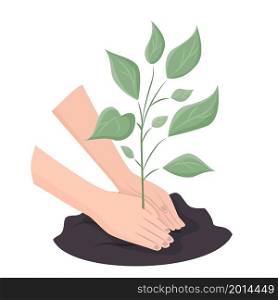 Human palms cover the ground with a young plant shoot. Concepts: concern for the environment, opposition to deforestation, planting plants. Vector illustration in a flat style.