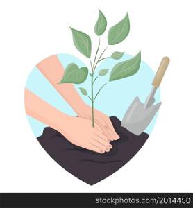 Human palms cover the ground with a young plant shoot. Concepts: concern for the environment, opposition to deforestation, planting plants. Vector illustration in a flat style.