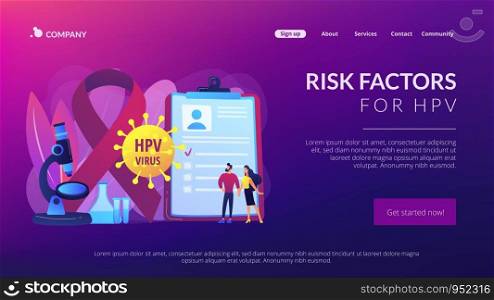 Human papillomavirus development. Disease symptom. Risk factors for HPV, HPV infection leads to cervical cancer, cervical cancer screening concept. Website homepage landing web page template.. Risk factors for HPV concept landing pageation