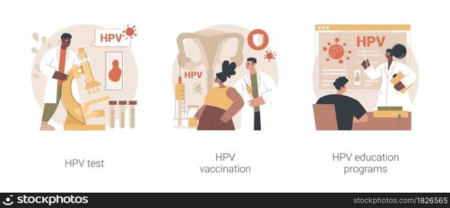 Human papillomavirus prevention abstract concept vector illustration set. HPV test, vaccination and education programs, cervical cancer immunization program, virus information abstract metaphor.. Human papillomavirus prevention abstract concept vector illustrations.