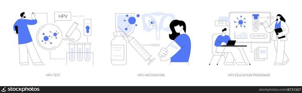 Human papillomavirus prevention abstract concept vector illustration set. HPV test, vaccination and education programs, cervical cancer immunization program, virus information abstract metaphor.. Human papillomavirus prevention abstract concept vector illustrations.