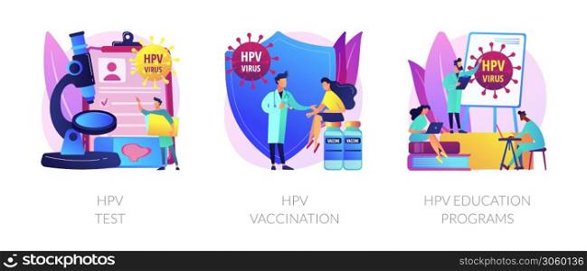 Human papillomavirus prevention, immunity development, antivirus creation. HPV test, HPV vaccination, HPV education programs metaphors. Vector isolated concept metaphor illustrations.. HPV prevention vector concept metaphors.