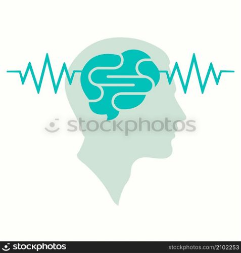 Human profile head. Brain wave concept. Design element, Head scan logo. Brain activity waveform illustration.. Vector illustration of brain activity. Waves in human head