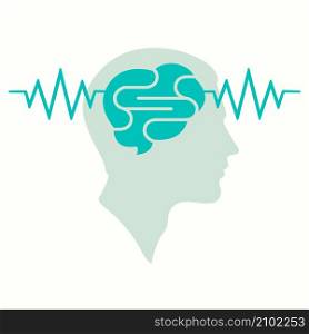 Human profile head. Brain wave concept. Design element, Head scan logo. Brain activity waveform illustration.. Vector illustration of brain activity. Waves in human head