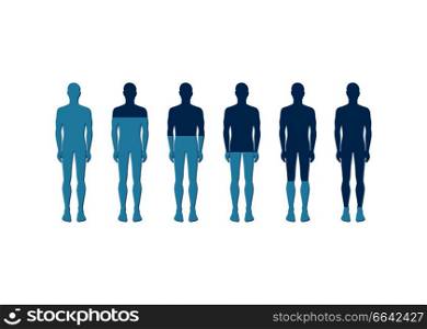 Human quantitative rate depiction with icon of six men in light and dark blue colors. Vector illustration for description of some issues of humanity. Human Quantitative Rate Icon Vector Illustration