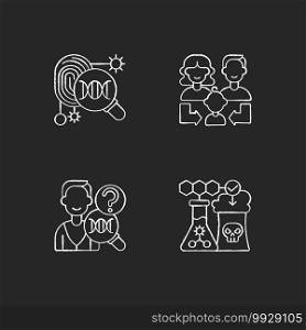 Human reproduction chalk white icons set on black background. DNA fingerprinting. Family generations. Environmental biotechnology. Genetic engineering. Isolated vector chalkboard illustrations. Human reproduction chalk white icons set on black background