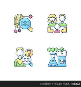 Human reproduction RGB color icons set. DNA fingerprinting. Heredity, family generations. Environmental biotechnology. DNA laboratory testing. Genetic engineering. Isolated vector illustrations. Human reproduction RGB color icons set