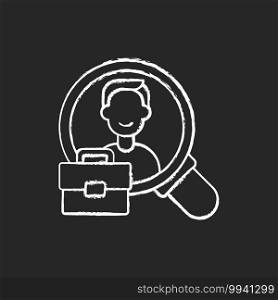 Human resource chalk white icon on black background. Organization workforce. HR. Recruiting and training job applicants. Hiring and firing employees. Isolated vector chalkboard illustration. Human resource chalk white icon on black background