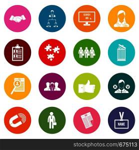 Human resource management icons many colors set isolated on white for digital marketing. Human resource management icons many colors set