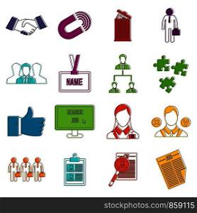 Human resource management icons set. Doodle illustration of vector icons isolated on white background for any web design. Human resource management icons doodle set
