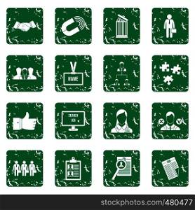 Human resource management icons set in grunge style green isolated vector illustration. Human resource management icons set grunge