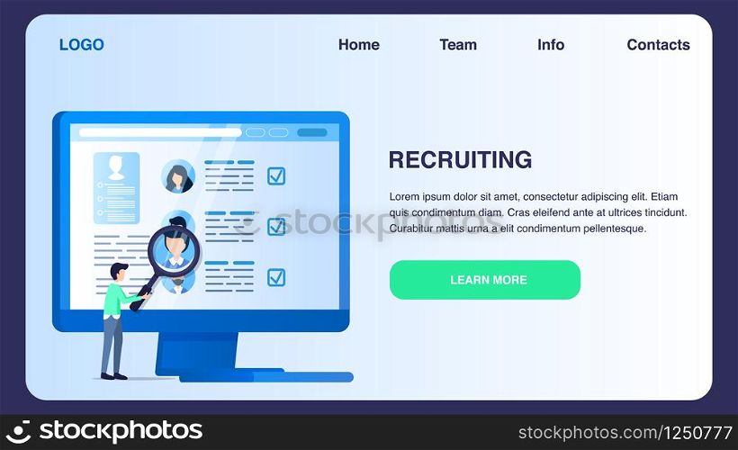 Human Resource Management, Man Hold Magnifier Seo. Search for Employee, Select Professional Staff, Analyzing Application Resume. Character Profile. Flat Cartoon Vector Illustration. Human Resource Management, Man Hold Magnifier Seo