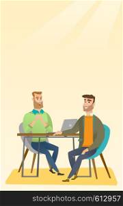 Human resource manager talking with job applicant. Job applicant during job interview for the position. Job interview concept. Vector flat design illustration. Vertical layout.. Job applicant having interview for the position.