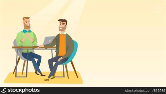 Human resource manager talking with job applicant. Job applicant during job interview for the position. Job interview concept. Vector flat design illustration. Horizontal layout.. Job applicant having interview for the position.