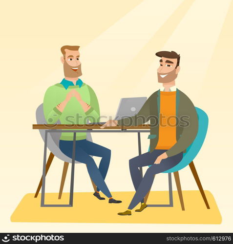 Human resource manager talking with job applicant. Job applicant during job interview for the position. Job interview concept. Vector flat design illustration in the circle isolated on red background.. Job applicant having interview for the position.