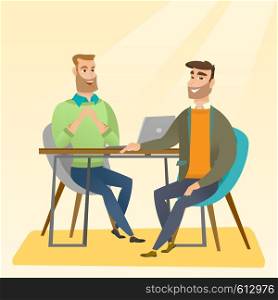 Human resource manager talking with job applicant. Job applicant during job interview for the position. Job interview concept. Vector flat design illustration in the circle isolated on red background.. Job applicant having interview for the position.