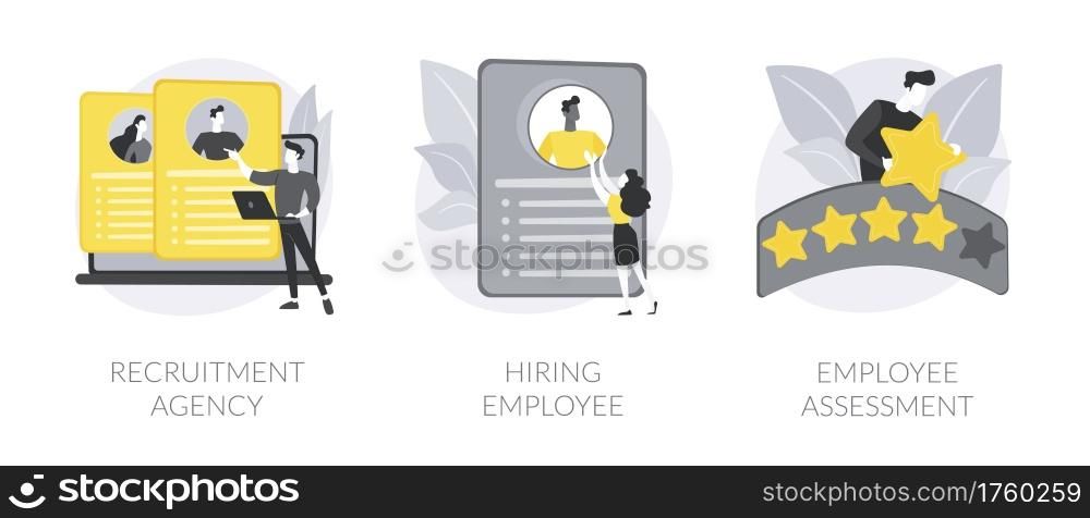Human resources abstract concept vector illustration set. Recruitment agency, hiring employee, employee assessment, job listing, head hunting, performance review, SWOT analysis abstract metaphor.. Human resources abstract concept vector illustrations.