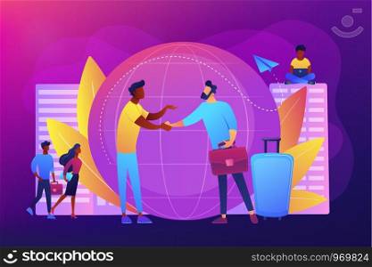 Human resources agency for migrants. Help hub. Expat work, effective migrant workers, expatriate programme, outside country employment concept. Bright vibrant violet vector isolated illustration. Expat work concept vector illustration