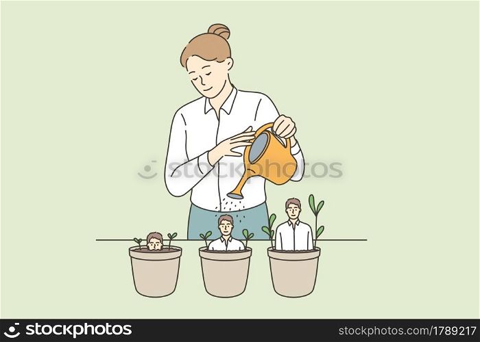 Human resources and career concept. Young woman recruiter cartoon character standing watering pots with growing business man inside vector illustration . Human resources and career concept
