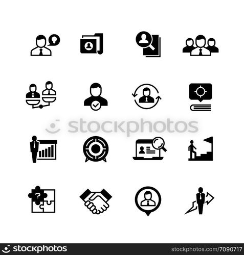 Human resources and person management icons. Job interview, employee choice and recruitment vector symbols isolated. Illustration of job and employee, recruitment in business. Human resources and person management icons. Job interview, employee choice and recruitment vector symbols isolated