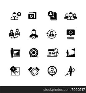 Human resources and person management icons. Job interview, employee choice and recruitment vector symbols isolated. Illustration of job and employee, recruitment in business. Human resources and person management icons. Job interview, employee choice and recruitment vector symbols isolated