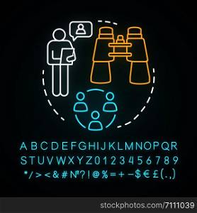 Human resources camp neon light concept icon. Summer corporate club, community idea. Company, business employee bootcamp. Glowing sign with alphabet, numbers and symbols. Vector isolated illustration