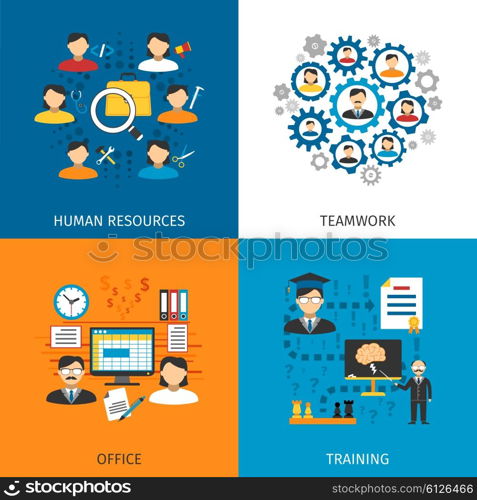 Human Resources Concept 4 Flat Icons . Human resources office staff management and training concept 4 flat pictograms square composition abstract isolated vector illustration