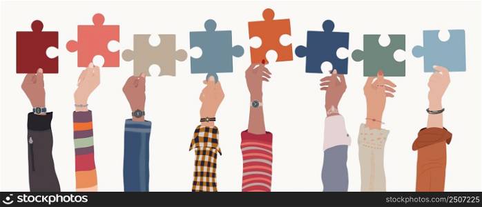 Human resources concept. Raised arms and hand up of multicultural business people holding a jigsaw puzzle piece. Job occupation and employment. Employee recruitment. Candidate
