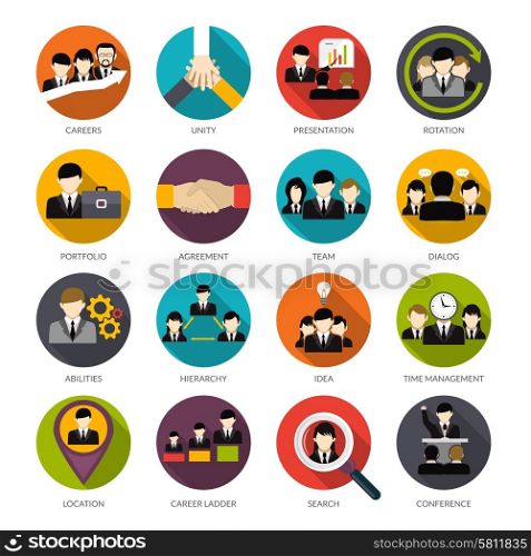 Human resources flat icons set with office hierarchy team management people rotation isolated vector illustration. Human Resources Icons Set