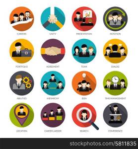 Human resources flat icons set with office hierarchy team management people rotation isolated vector illustration. Human Resources Icons Set