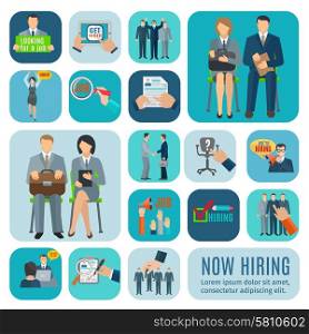 Human resources hiring flat icons set . Looking for job and application online via recruitment agencies sites flat icons collection abstract isolated vector illustration