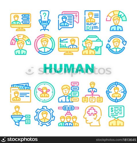 Human Resources Hr Department Icons Set Vector. Candidate Skills And Salary Money Talking, Cv Researching And Interview, Employee Search And Headhunting Human Resources Line. Color Illustrations. Human Resources Hr Department Icons Set Vector