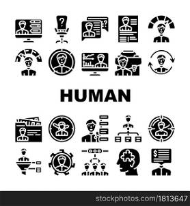 Human Resources Hr Department Icons Set Vector. Candidate Skills And Salary Money Talking, Cv Researching And Interview, Employee Search And Human Resources Glyph Pictograms Black Illustrations. Human Resources Hr Department Icons Set Vector