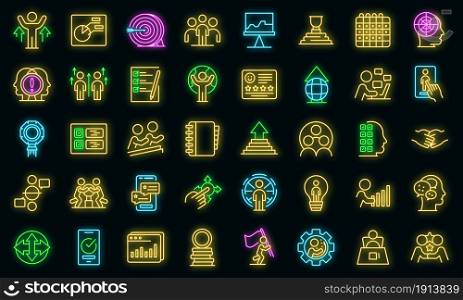 Human resources icons set. Outline set of human resources vector icons neon color on black. Human resources icons set vector neon