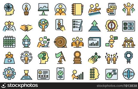 Human resources icons set. Outline set of human resources vector icons thin line color flat isolated on white. Human resources icons set line color vector