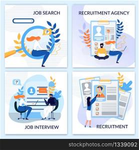 Human Resources, Job Search, Interview, Hiring, Recruitment Agency Flat Cards Set. Vector People Characters Searching Vacancy, Office HR Agents Examining Resume and Interviewing Candidate Illustration. Human Resources, Hiring, Recruitment Cards Set